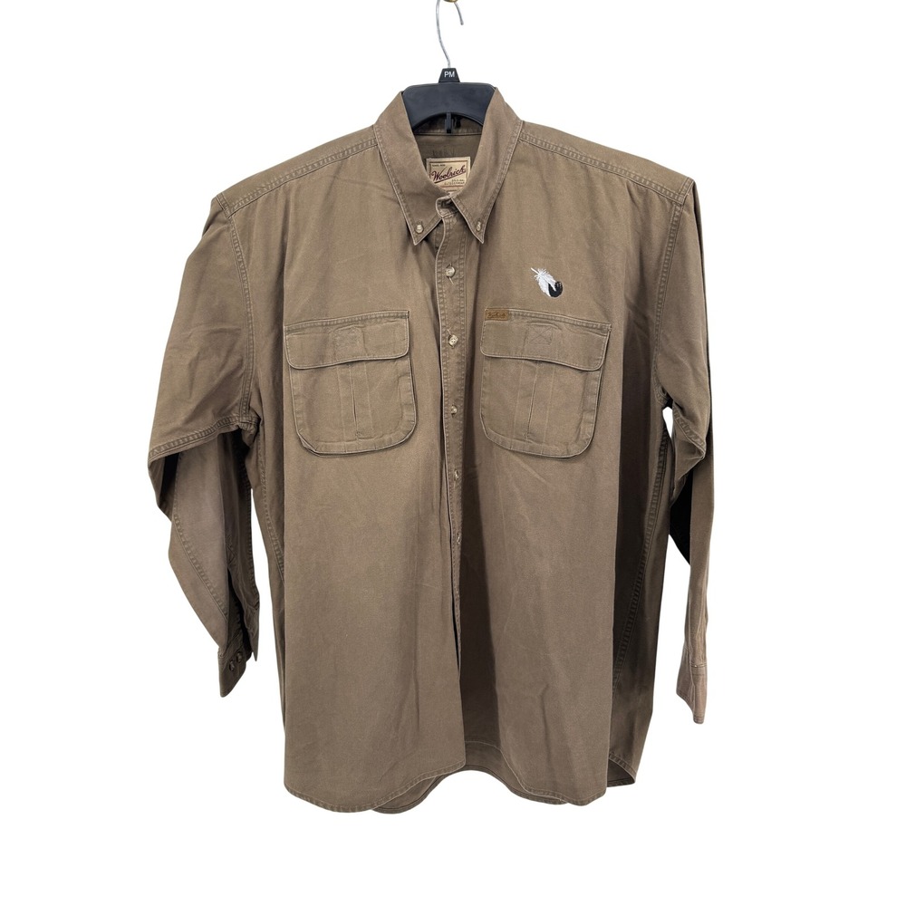 Woolrich Button Down Shirt Mens 2XL Brown Canvas Feather Embroidery 6065 Army
